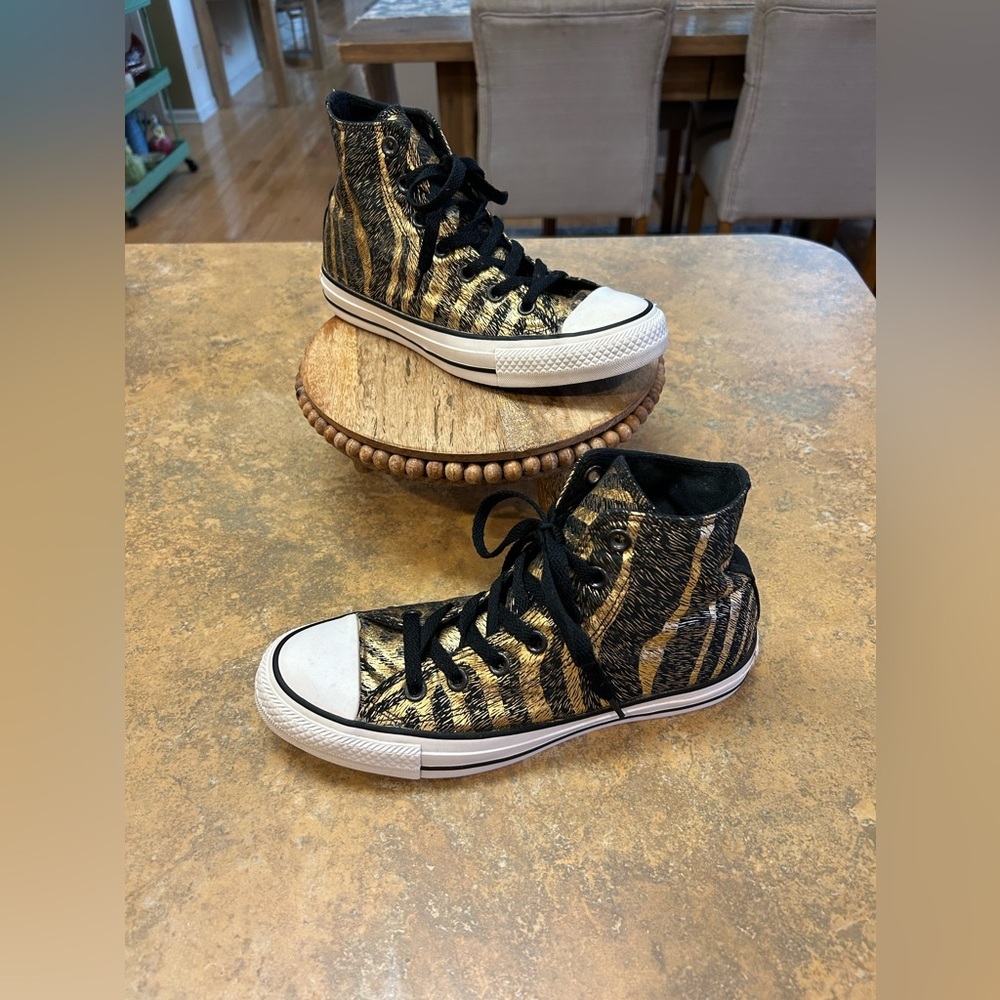 Converse High Top Sneakers in Black and Gold Zebra Print